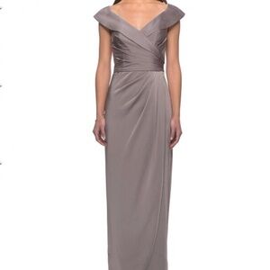 NWT La Femme Off the Shoulder Gown in Pewter
